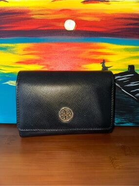 Tory Burch Black Saffiano Leather Logo Compact Wallet